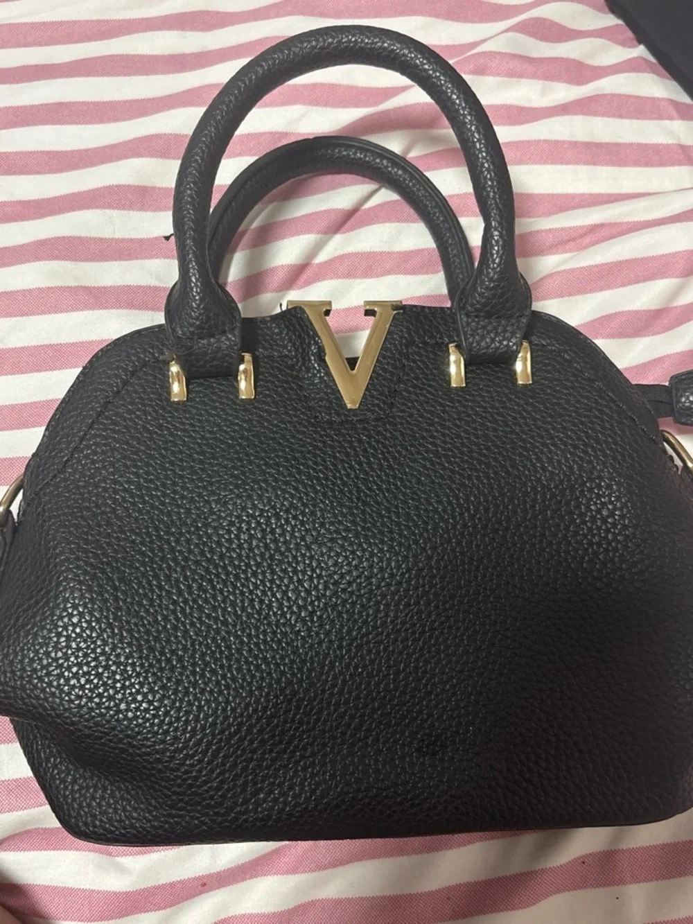 Black Pebbled Leather Satchel with Gold V Accent